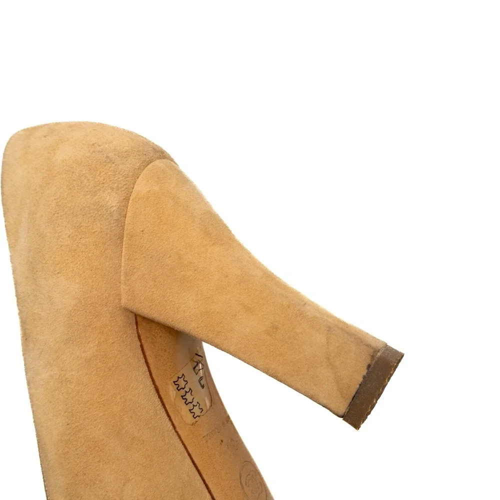 Vintage Chanel Beige Brown Quilted Cap Toe Suede Block‎ Heel PUMPS Size EU36/US6